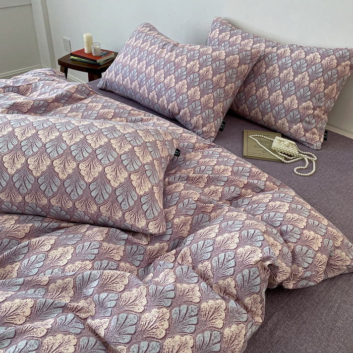 91家纺网 家纺一手货源 找家纺 仟网汇 2025新款高克重亚麻复古简单款四件套 落叶知秋紫