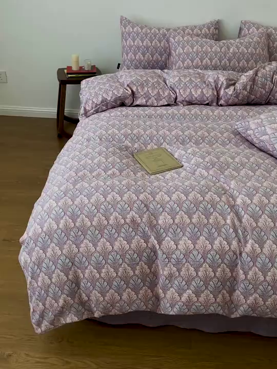 91家纺网 家纺一手货源 找家纺 仟网汇 2025新款高克重亚麻复古简单款四件套 落叶知秋紫