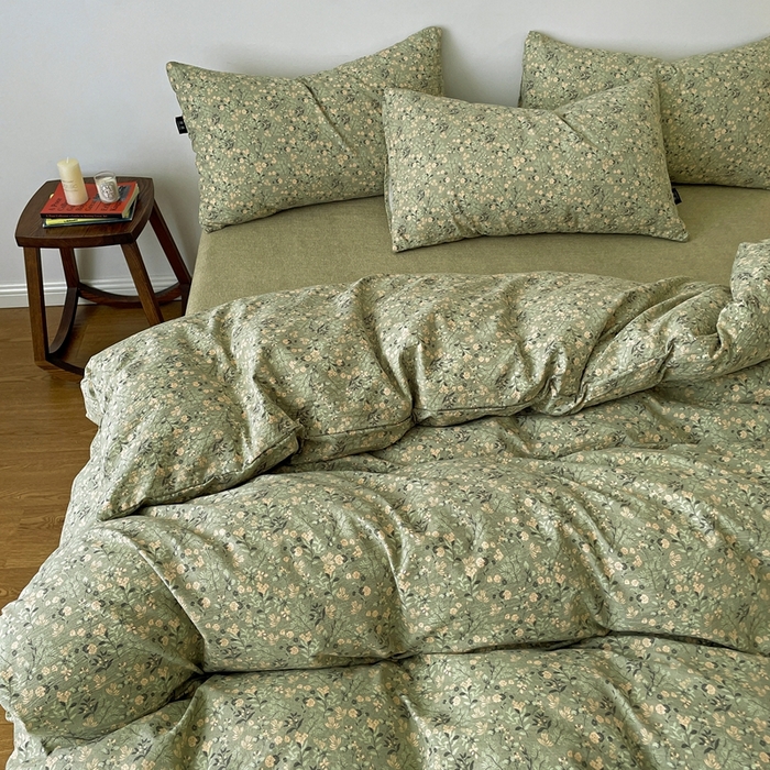 91家纺网 家纺一手货源 找家纺 仟网汇 2025新款高克重亚麻复古简单款四件套 绿意