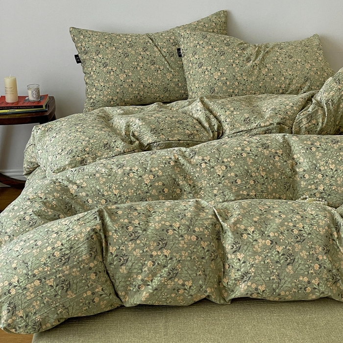 91家纺网 家纺一手货源 找家纺 仟网汇 2025新款高克重亚麻复古简单款四件套 绿意