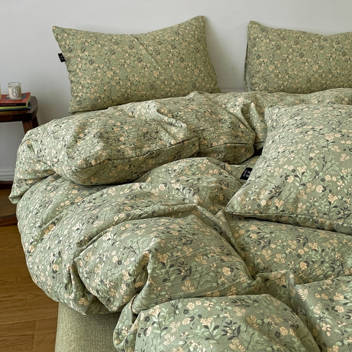 91家纺网 家纺一手货源 找家纺 仟网汇 2025新款高克重亚麻复古简单款四件套 绿意