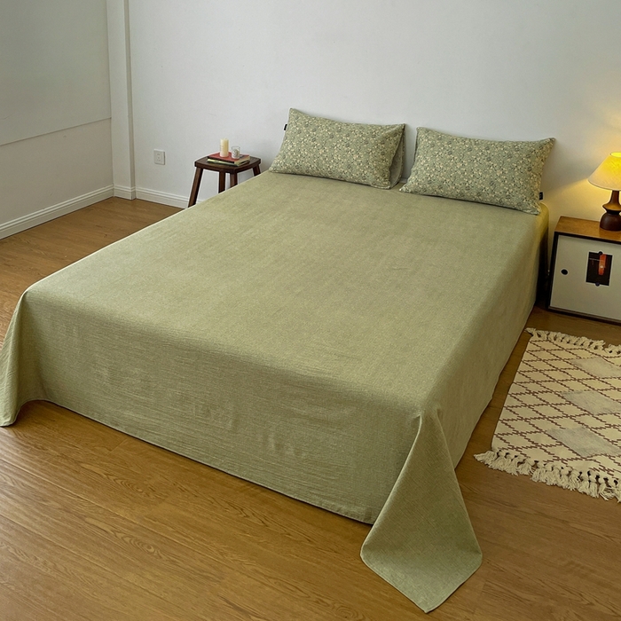 91家纺网 家纺一手货源 找家纺 仟网汇 2025新款高克重亚麻复古简单款四件套 绿意