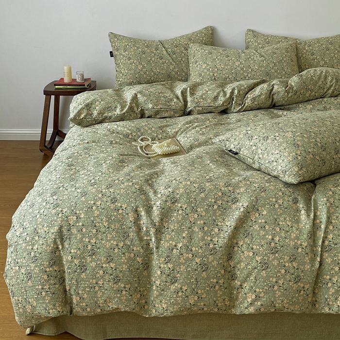 91家纺网 家纺一手货源 找家纺 仟网汇 2025新款高克重亚麻复古简单款四件套 绿意