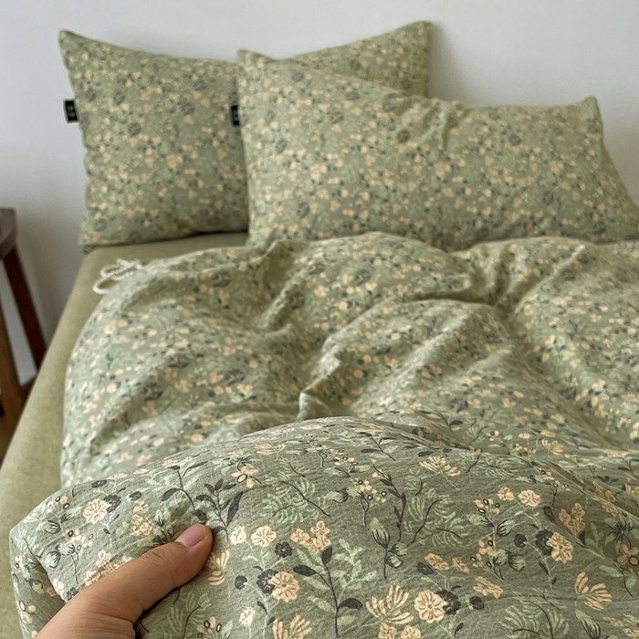 91家纺网 家纺一手货源 找家纺 仟网汇 2025新款高克重亚麻复古简单款四件套 绿意