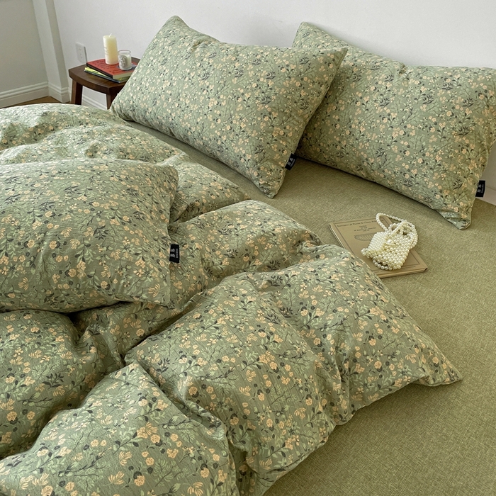 91家纺网 家纺一手货源 找家纺 仟网汇 2025新款高克重亚麻复古简单款四件套 绿意