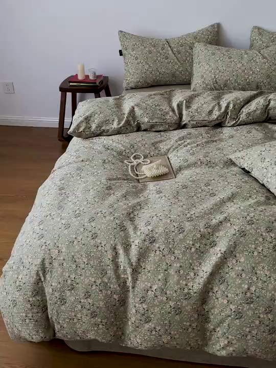 91家纺网 家纺一手货源 找家纺 仟网汇 2025新款高克重亚麻复古简单款四件套 绿意