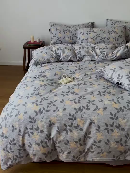 91家纺网 家纺一手货源 找家纺 仟网汇 2025新款高克重亚麻复古简单款四件套 蔓叶兰