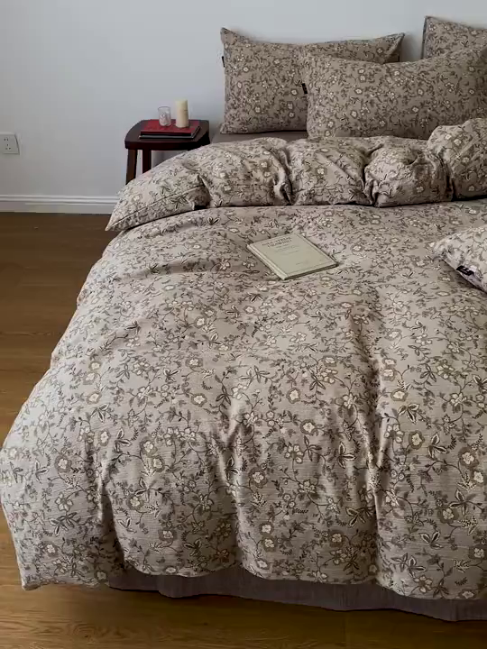 91家纺网 家纺一手货源 找家纺 仟网汇 2025新款高克重亚麻复古简单款四件套 梅花颂