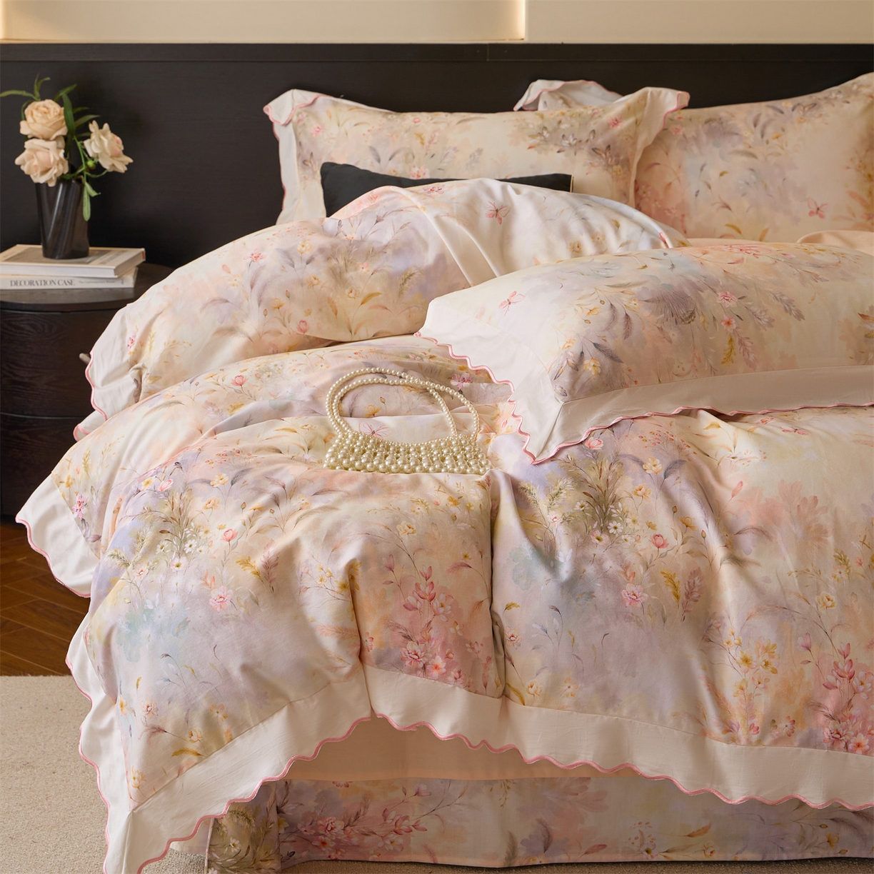 91家纺网 家纺一手货源 找家纺 蓝米卡夫 2025秋冬-A类全棉50S*50S双股磨毛数码印花绣边款（礼盒包装）提供买家秀 浮生若棠