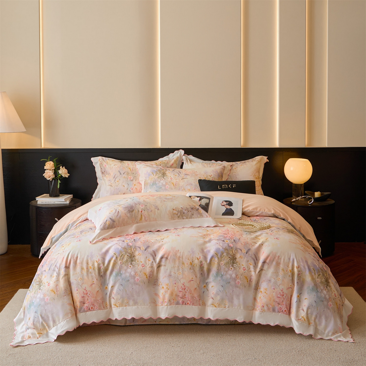 91家纺网 家纺一手货源 找家纺 蓝米卡夫 2025秋冬-A类全棉50S*50S双股磨毛数码印花绣边款（礼盒包装）提供买家秀 浮生若棠