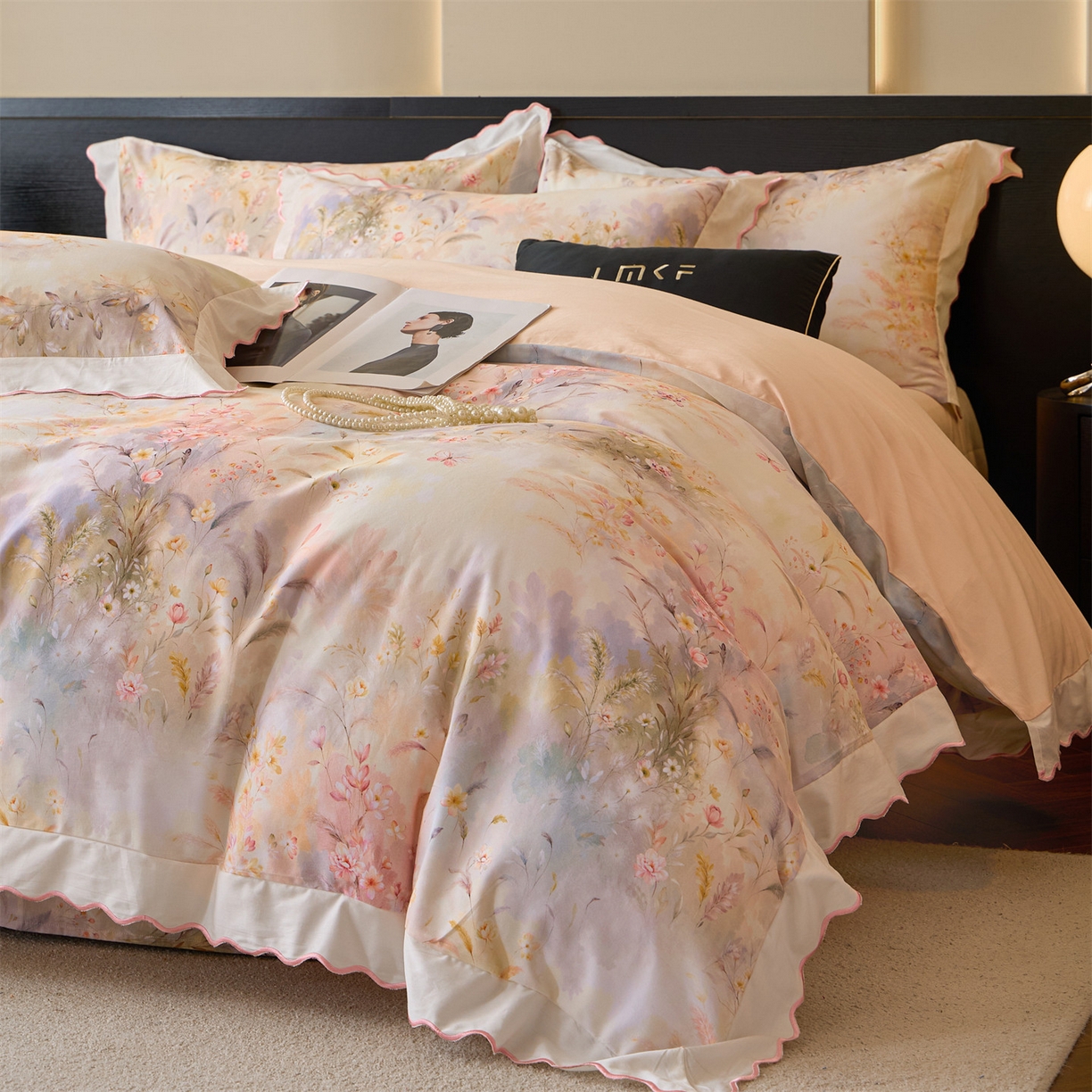 91家纺网 家纺一手货源 找家纺 蓝米卡夫 2025秋冬-A类全棉50S*50S双股磨毛数码印花绣边款（礼盒包装）提供买家秀 浮生若棠