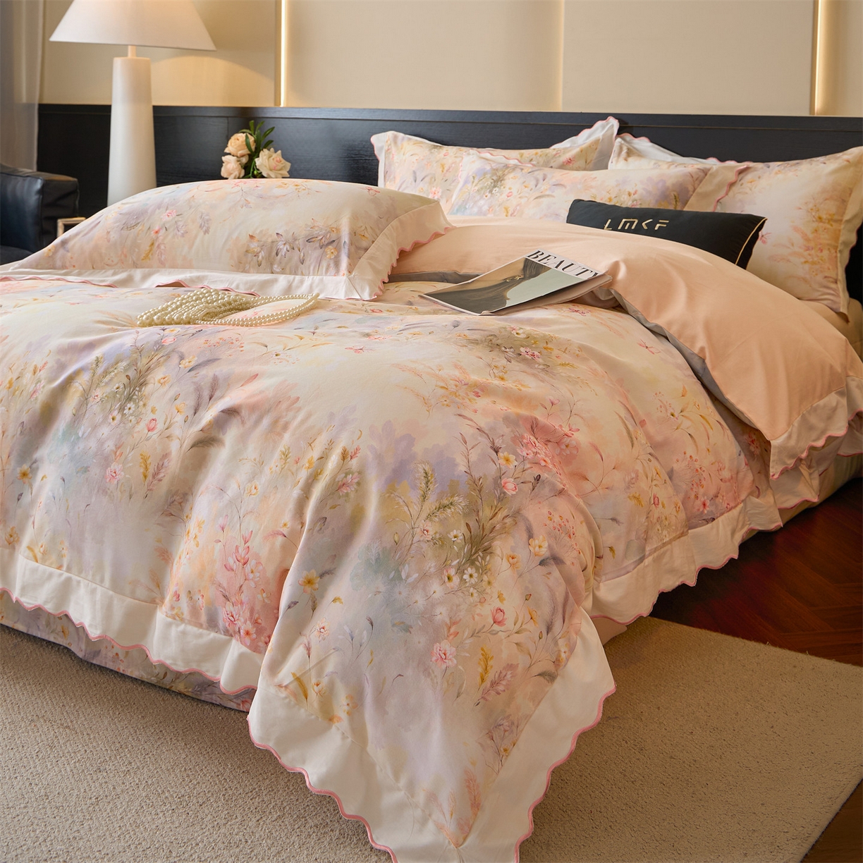 91家纺网 家纺一手货源 找家纺 蓝米卡夫 2025秋冬-A类全棉50S*50S双股磨毛数码印花绣边款（礼盒包装）提供买家秀 浮生若棠