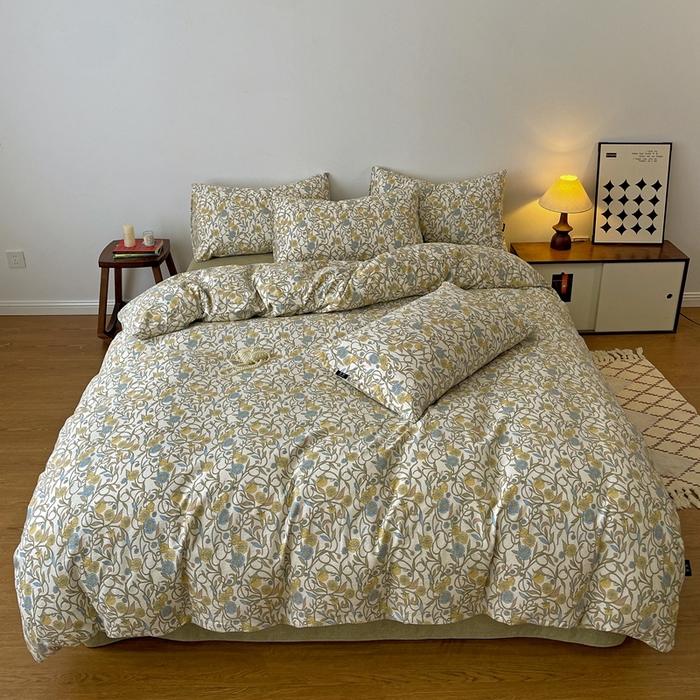 91家纺网 家纺一手货源 找家纺 仟网汇 2025新款高克重亚麻复古简单款四件套 秘境绿