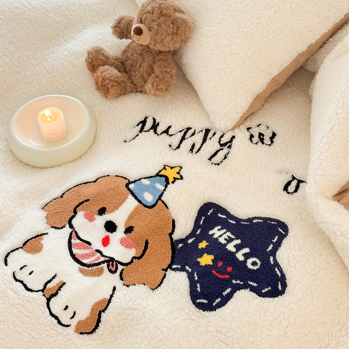 91家纺网 家纺一手货源 找家纺 乐坊 2025新款小阪羊羔绒牛奶绒卡通四件套冬季加厚保暖 星星小狗-白卡其