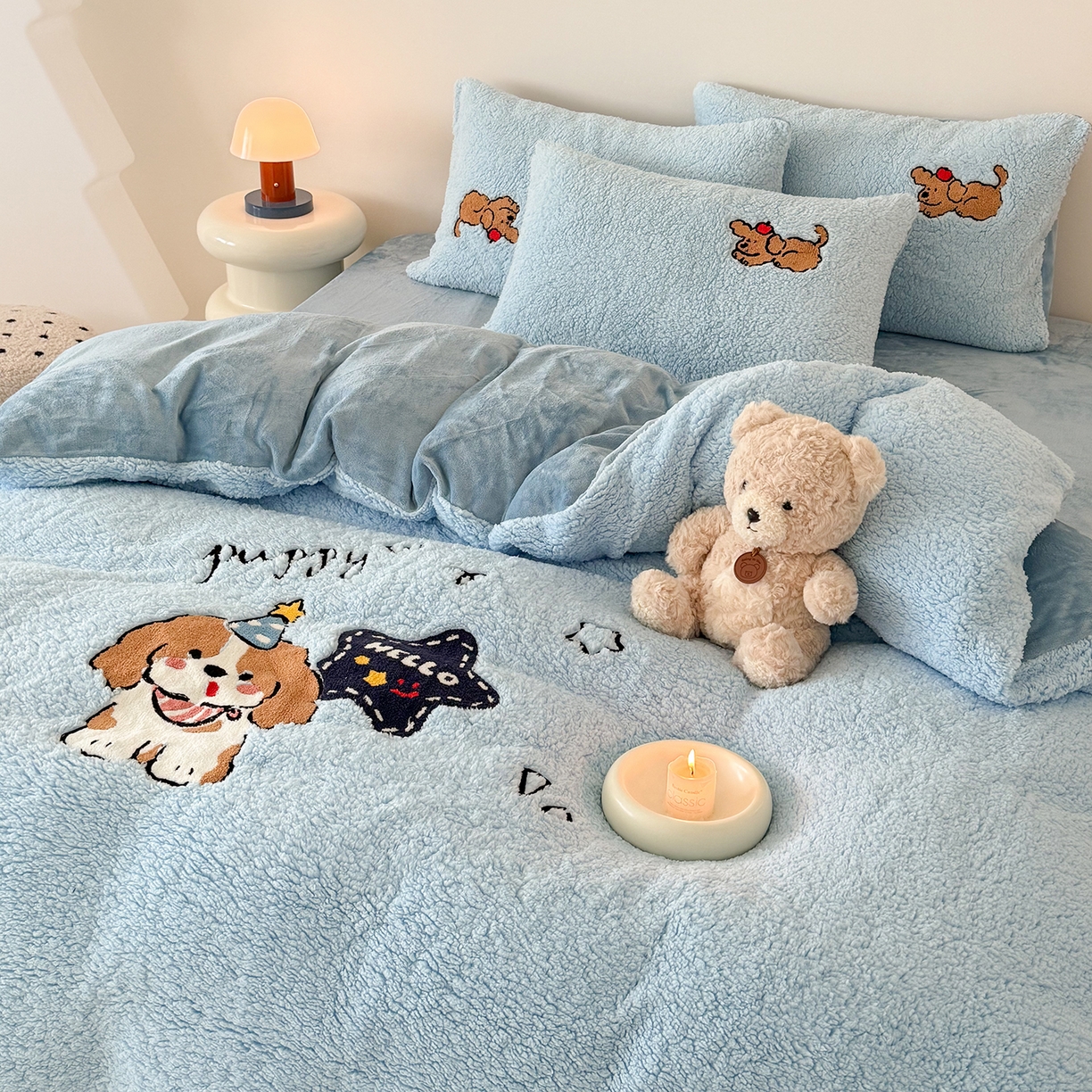 乐坊 2025新款小阪羊羔绒牛奶绒卡通四件套冬季加厚保暖 星星小狗-蓝