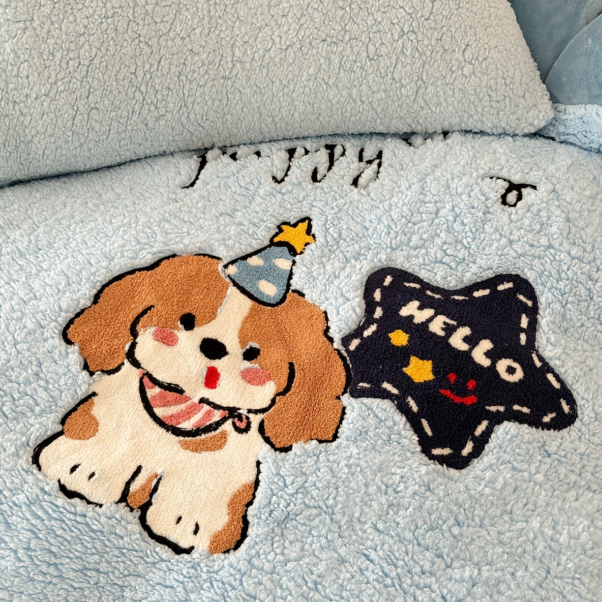 91家纺网 家纺一手货源 找家纺 乐坊 2025新款小阪羊羔绒牛奶绒卡通四件套冬季加厚保暖 星星小狗-蓝