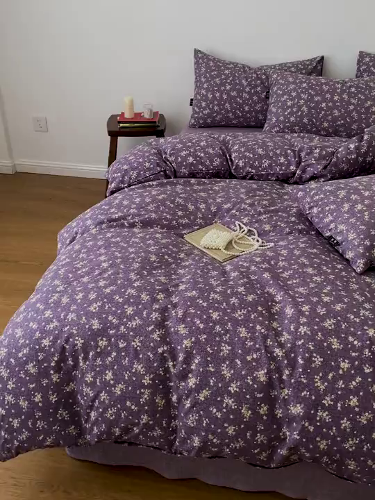 91家纺网 家纺一手货源 找家纺 仟网汇 2025新款高克重亚麻复古简单款四件套 茉莉紫