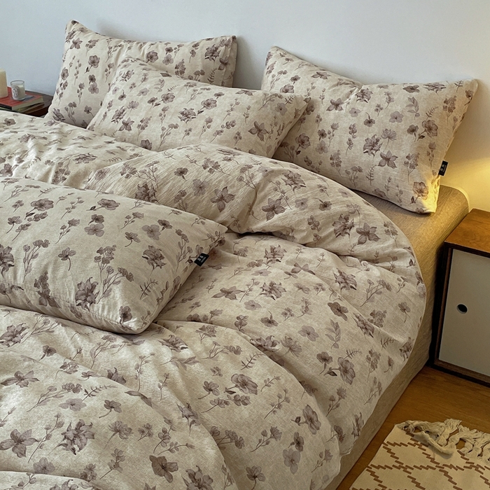 91家纺网 家纺一手货源 找家纺 仟网汇 2025新款高克重亚麻复古简单款四件套 墨色花语