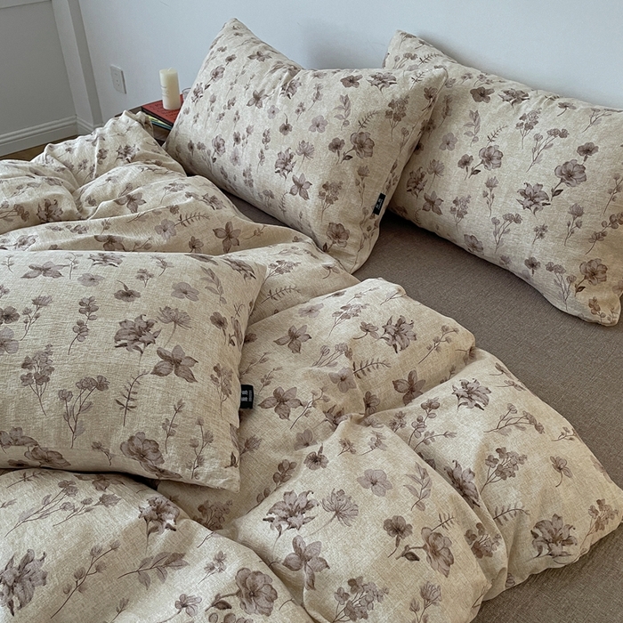 91家纺网 家纺一手货源 找家纺 仟网汇 2025新款高克重亚麻复古简单款四件套 墨色花语