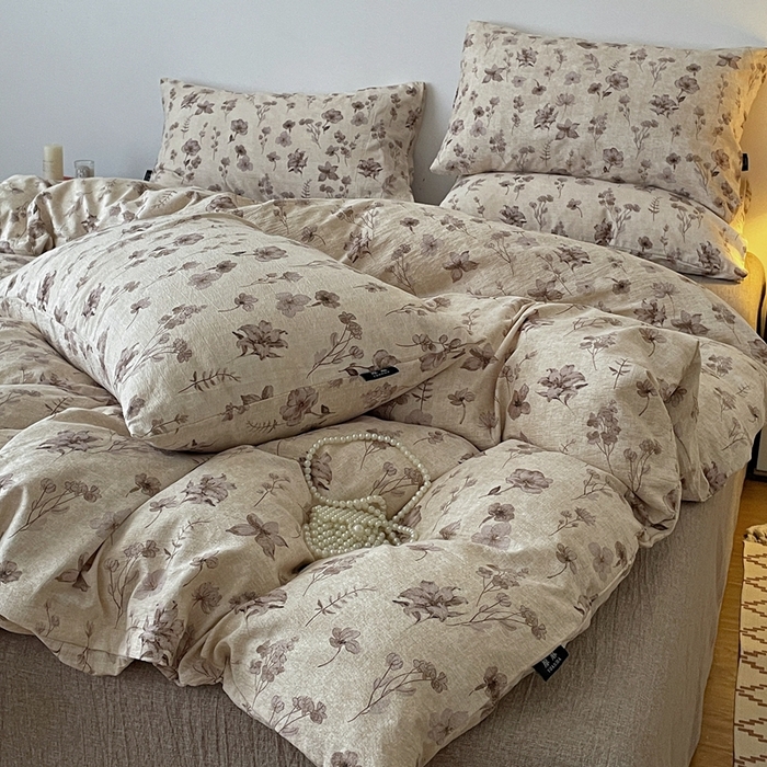 91家纺网 家纺一手货源 找家纺 仟网汇 2025新款高克重亚麻复古简单款四件套 墨色花语