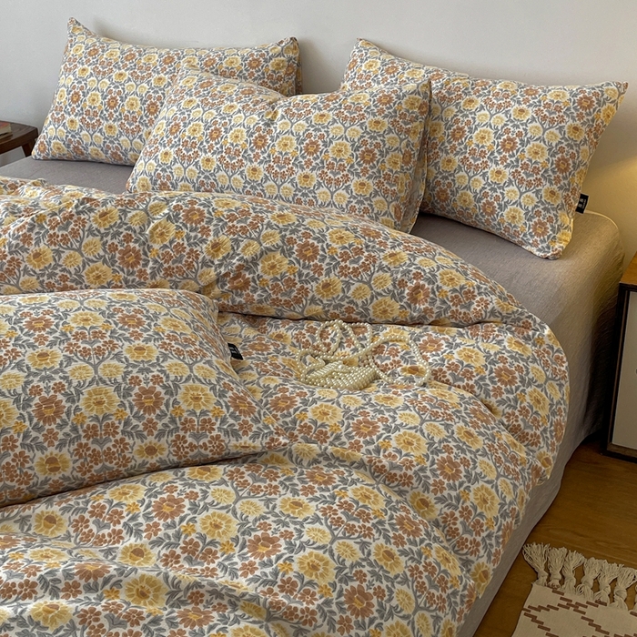 91家纺网 家纺一手货源 找家纺 仟网汇 2025新款高克重亚麻复古简单款四件套 木槿花咖