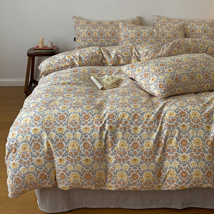 91家纺网 家纺一手货源 找家纺 仟网汇 2025新款高克重亚麻复古简单款四件套 木槿花咖