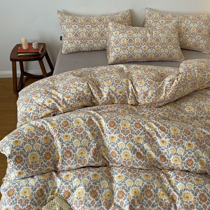 91家纺网 家纺一手货源 找家纺 仟网汇 2025新款高克重亚麻复古简单款四件套 木槿花咖