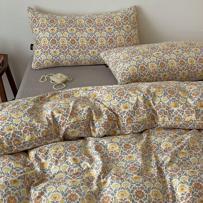 91家纺网 家纺一手货源 找家纺 仟网汇 2025新款高克重亚麻复古简单款四件套 木槿花咖