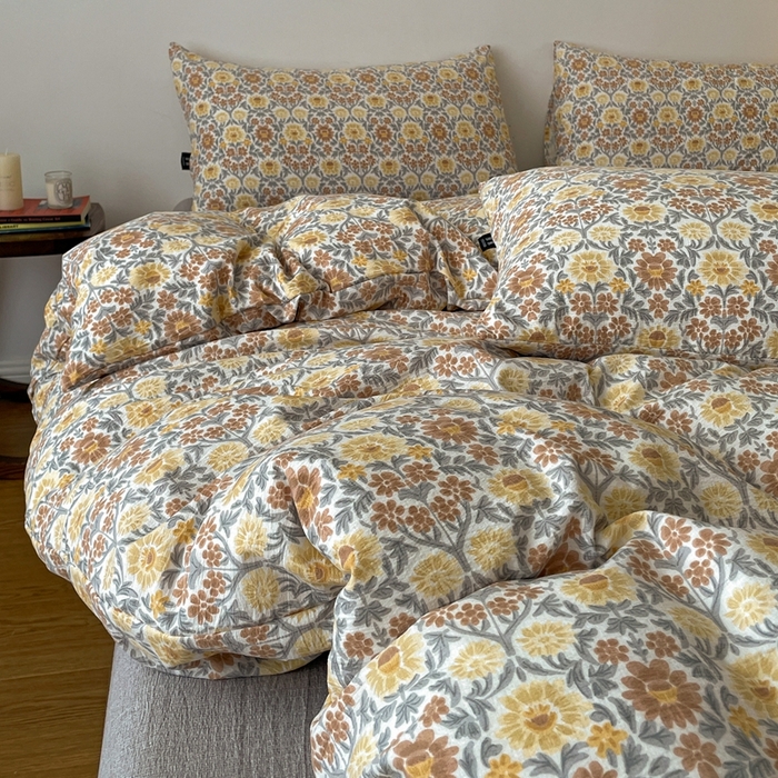 91家纺网 家纺一手货源 找家纺 仟网汇 2025新款高克重亚麻复古简单款四件套 木槿花咖