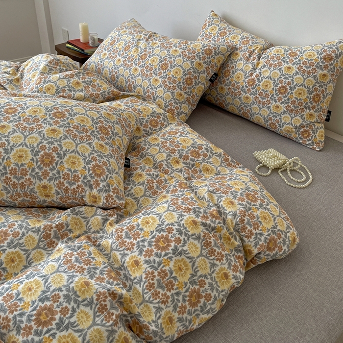 91家纺网 家纺一手货源 找家纺 仟网汇 2025新款高克重亚麻复古简单款四件套 木槿花咖