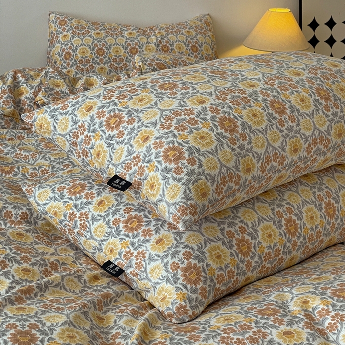 91家纺网 家纺一手货源 找家纺 仟网汇 2025新款高克重亚麻复古简单款四件套 木槿花咖