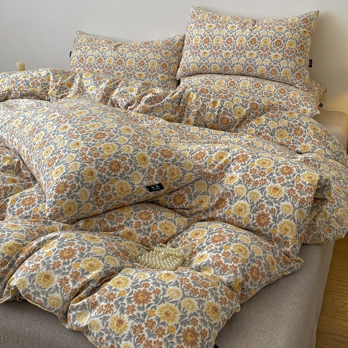 91家纺网 家纺一手货源 找家纺 仟网汇 2025新款高克重亚麻复古简单款四件套 木槿花咖