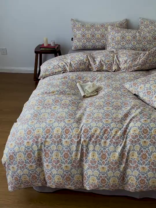 91家纺网 家纺一手货源 找家纺 仟网汇 2025新款高克重亚麻复古简单款四件套 木槿花咖