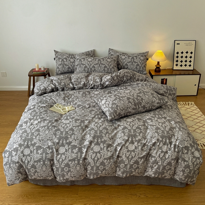 91家纺网 家纺一手货源 找家纺 仟网汇 2025新款高克重亚麻复古简单款四件套 水墨青筠 灰