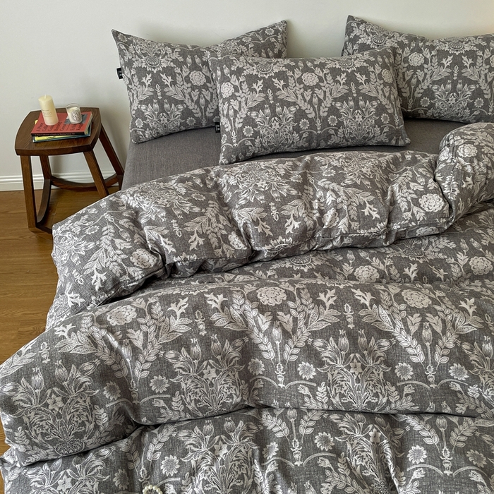 91家纺网 家纺一手货源 找家纺 仟网汇 2025新款高克重亚麻复古简单款四件套 水墨青筠 灰