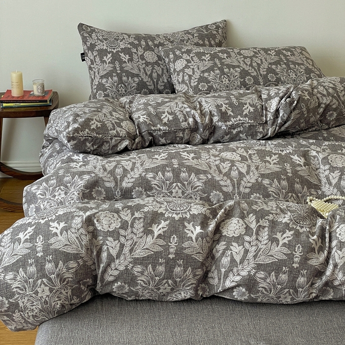 91家纺网 家纺一手货源 找家纺 仟网汇 2025新款高克重亚麻复古简单款四件套 水墨青筠 灰