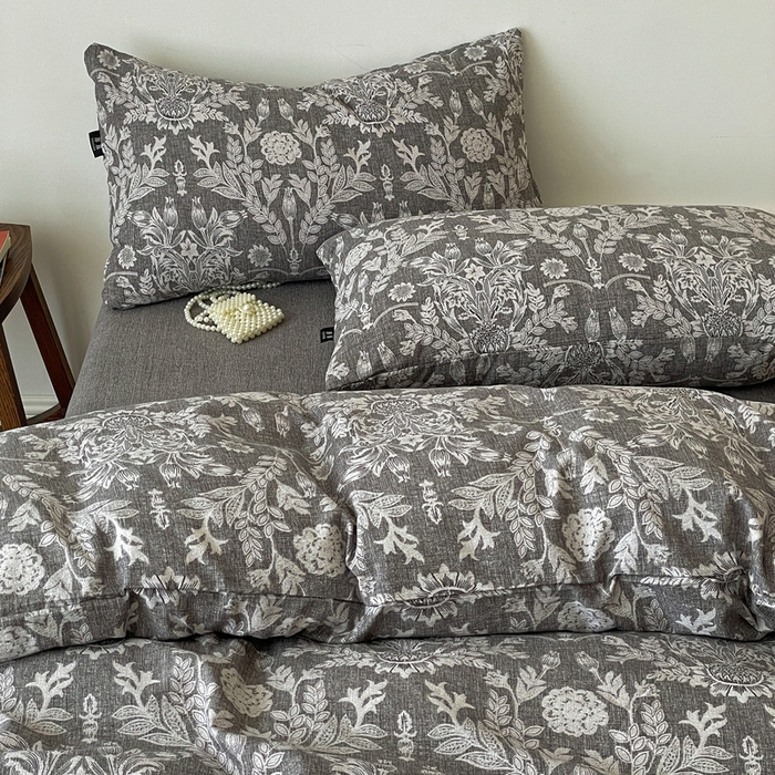 91家纺网 家纺一手货源 找家纺 仟网汇 2025新款高克重亚麻复古简单款四件套 水墨青筠 灰