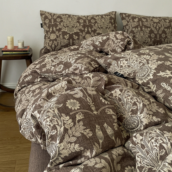 91家纺网 家纺一手货源 找家纺 仟网汇 2025新款高克重亚麻复古简单款四件套 水墨青筠咖