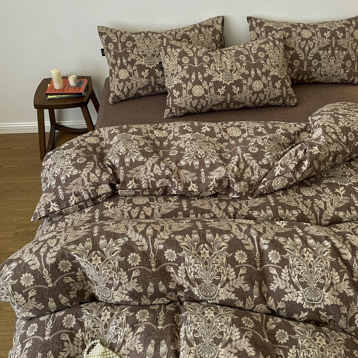 91家纺网 家纺一手货源 找家纺 仟网汇 2025新款高克重亚麻复古简单款四件套 水墨青筠咖