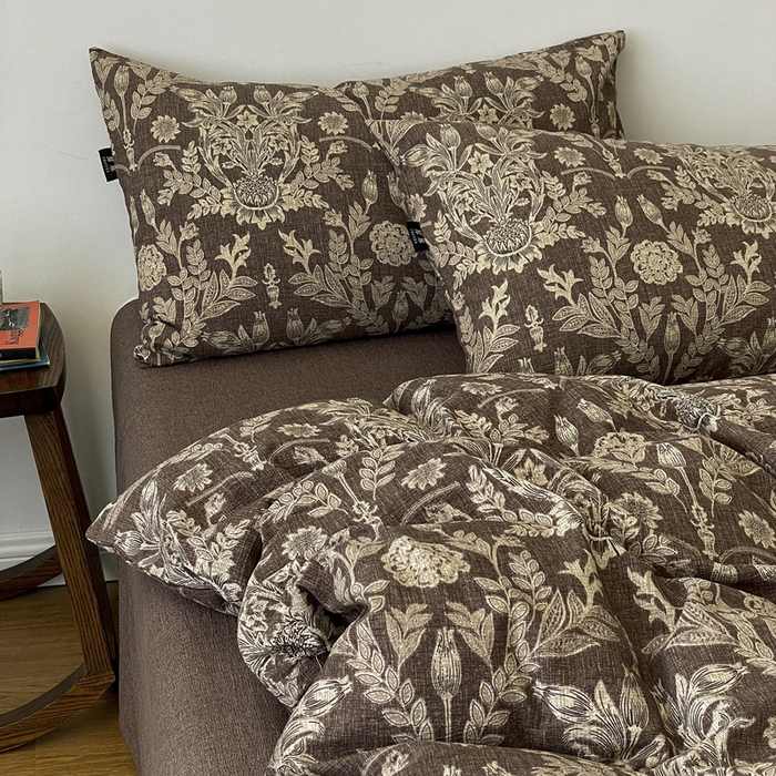 91家纺网 家纺一手货源 找家纺 仟网汇 2025新款高克重亚麻复古简单款四件套 水墨青筠咖