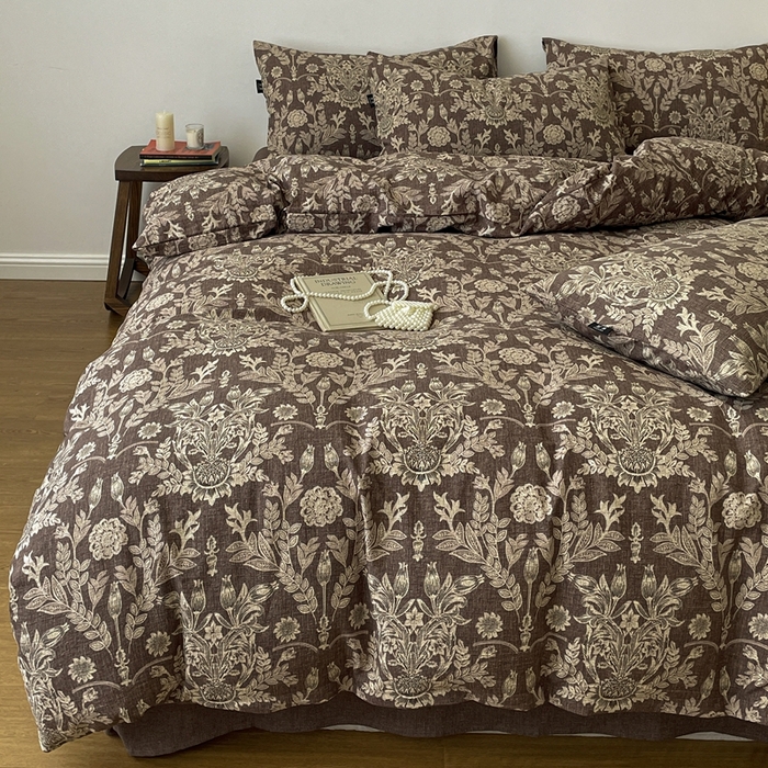 91家纺网 家纺一手货源 找家纺 仟网汇 2025新款高克重亚麻复古简单款四件套 水墨青筠咖