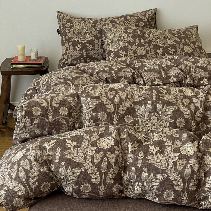 91家纺网 家纺一手货源 找家纺 仟网汇 2025新款高克重亚麻复古简单款四件套 水墨青筠咖