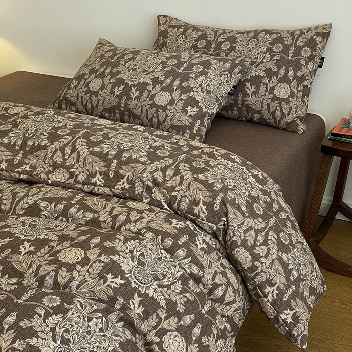 91家纺网 家纺一手货源 找家纺 仟网汇 2025新款高克重亚麻复古简单款四件套 水墨青筠咖