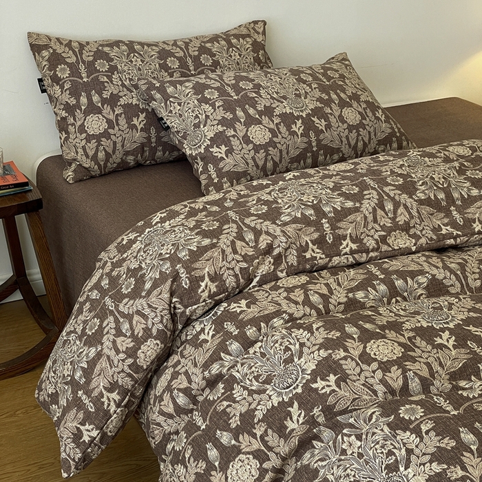 91家纺网 家纺一手货源 找家纺 仟网汇 2025新款高克重亚麻复古简单款四件套 水墨青筠咖