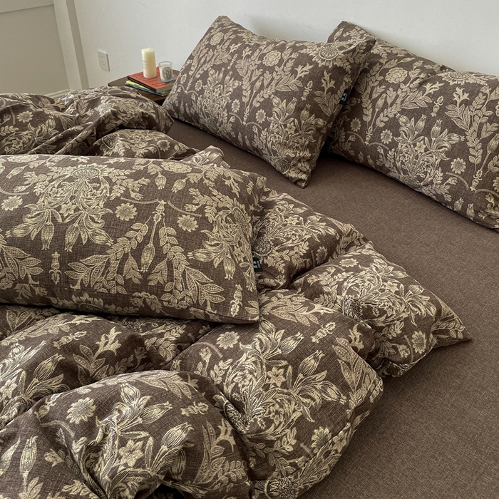 91家纺网 家纺一手货源 找家纺 仟网汇 2025新款高克重亚麻复古简单款四件套 水墨青筠咖