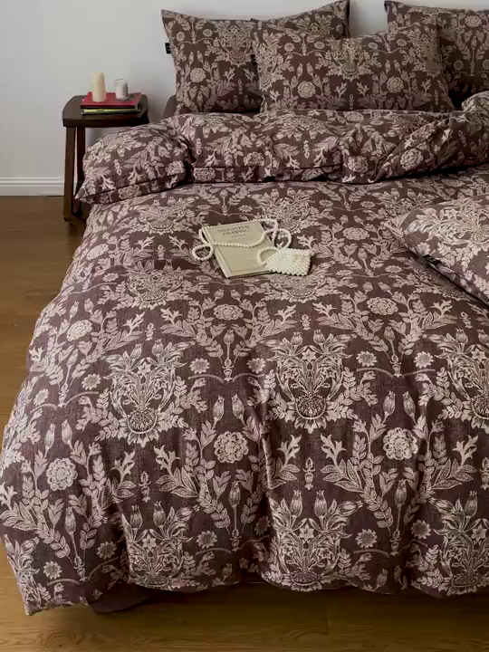 91家纺网 家纺一手货源 找家纺 仟网汇 2025新款高克重亚麻复古简单款四件套 水墨青筠咖