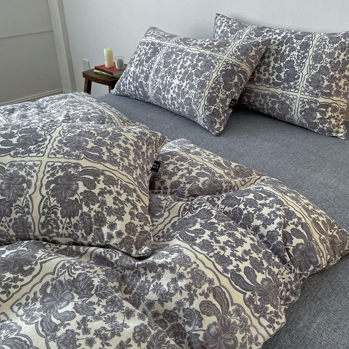 91家纺网 家纺一手货源 找家纺 仟网汇 2025新款高克重亚麻复古简单款四件套 万象碧螺