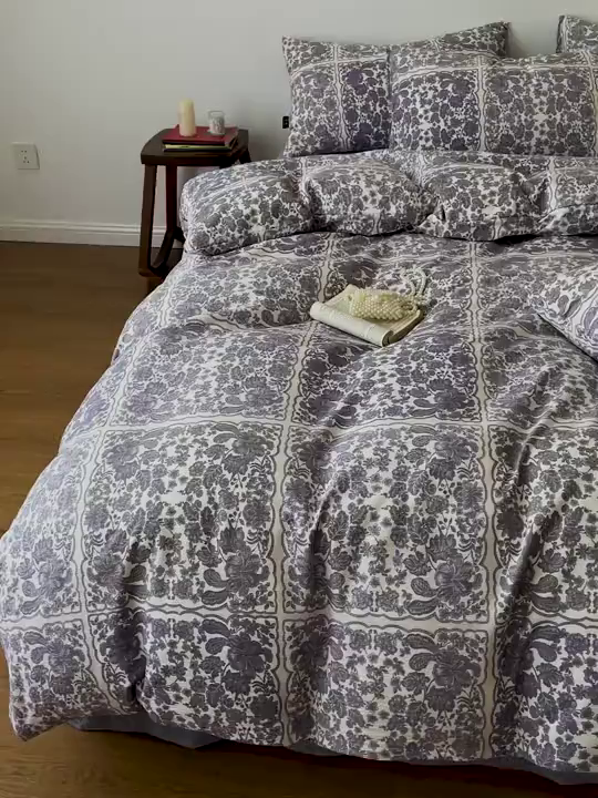 91家纺网 家纺一手货源 找家纺 仟网汇 2025新款高克重亚麻复古简单款四件套 万象碧螺