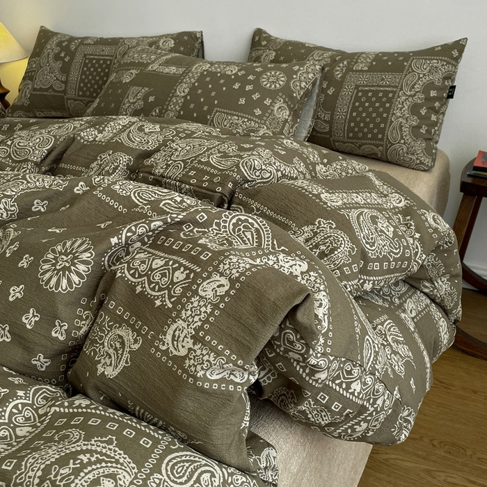 91家纺网 家纺一手货源 找家纺 仟网汇 2025新款高克重亚麻复古简单款四件套 乌木花园绿