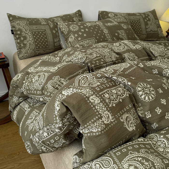 仟网汇 2025新款高克重亚麻复古简单款四件套 乌木花园绿